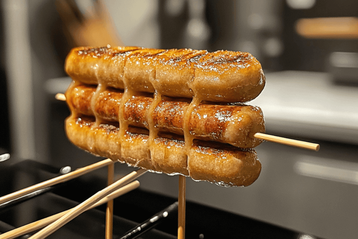 Grilled sausages on skewers, dripping with glaze, resting on an oven rack in a modern kitchen setting
