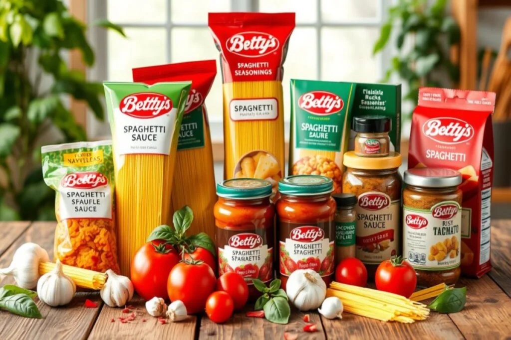 An assortment of Betty's branded spaghetti products, including spaghetti pasta, sauces, and seasonings, displayed with fresh tomatoes, garlic, and basil on a wooden table