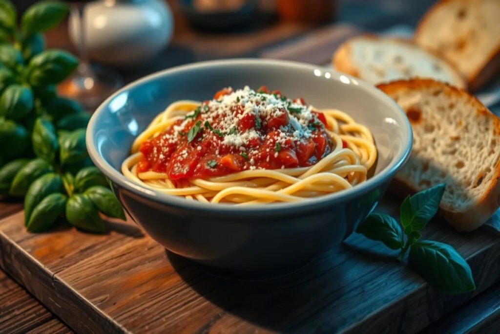 A bowl of spaghetti topped with rich marinara sauce, garnished with grated Parmesan cheese and fresh basil leaves, served alongside slices of crusty bread on a wooden table