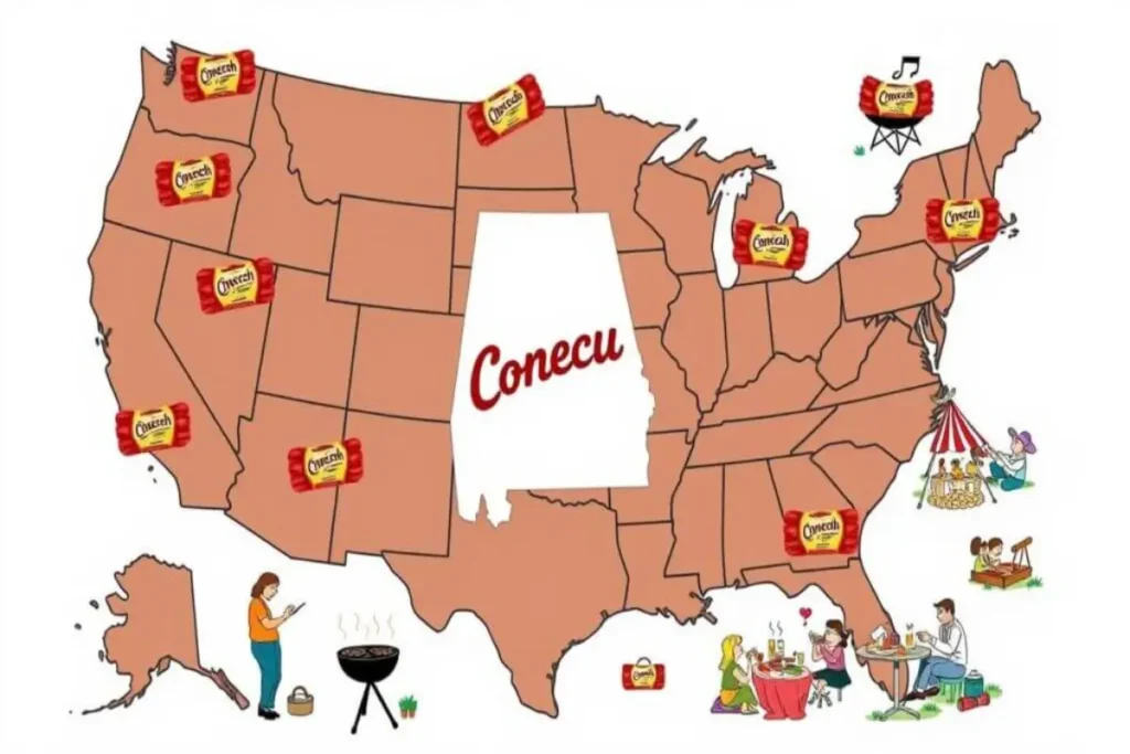 Illustration of a map of the United States highlighting Conecuh sausage products in various regions, with Alabama prominently featured in the center, addressing the keyphrase "Is Conecuh sausage only sold in Alabama?