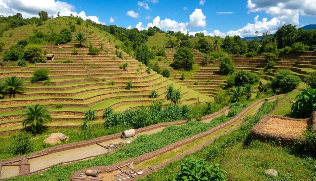 Maya Climate Adaptation Techniques Terraced fields on hilly terrain illustrating Maya climate adaptation techniques, used to manage water and prevent soil erosion.