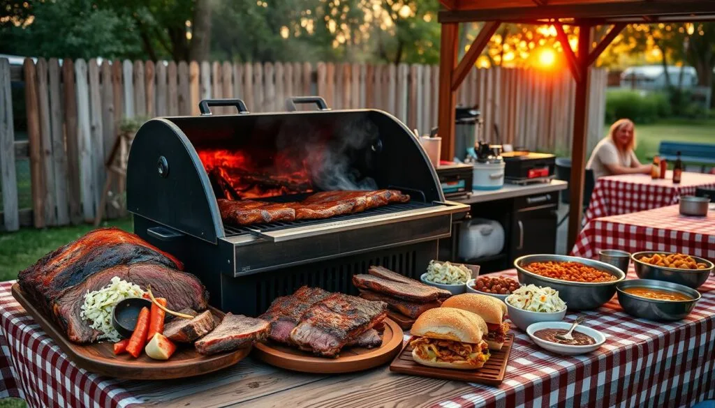 Memphis BBQ traditions A traditional Memphis BBQ setup featuring a smoker grill with ribs, brisket, pulled pork sandwiches, and classic sides, set in a backyard with picnic tables at sunset
