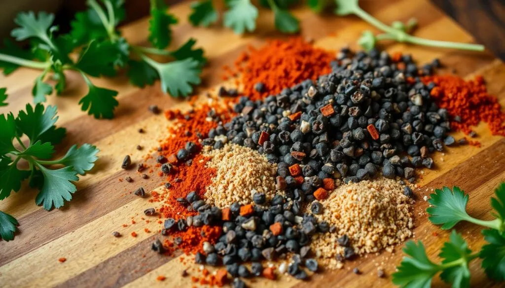 Memphis dry rub An assortment of spices and herbs used for making a Memphis dry rub, displayed on a wooden board with fresh parsley