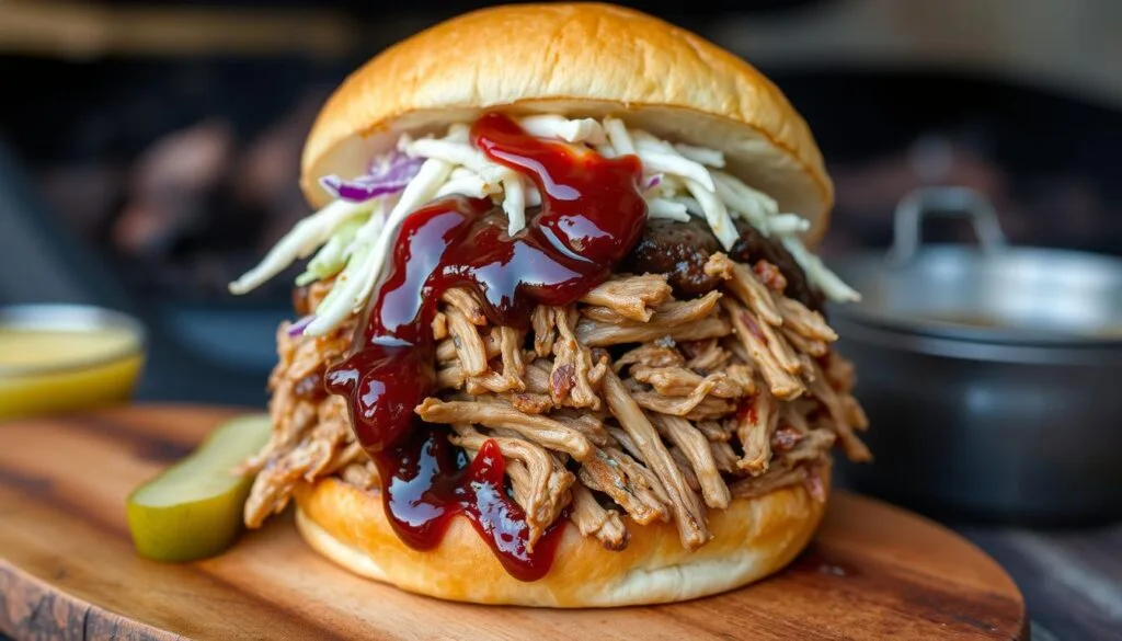 Memphis style BBQ sandwich A traditional Memphis BBQ setup featuring a smoker grill with ribs, brisket, pulled pork sandwiches, and classic sides, set in a backyard with picnic tables at sunset