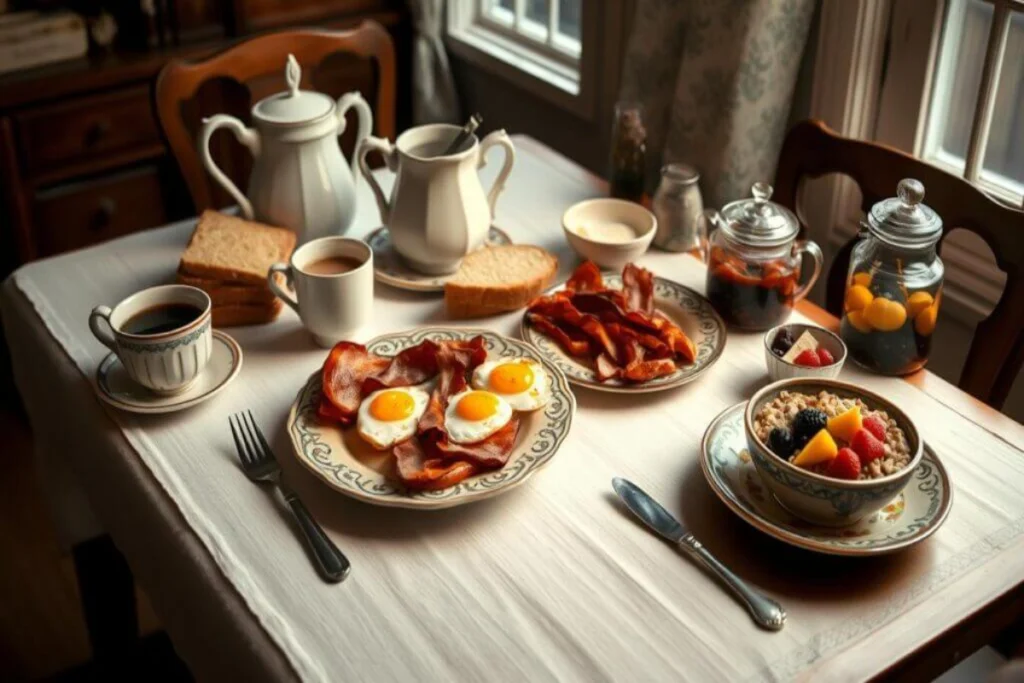A classic breakfast spread featuring eggs, bacon, toast, and fruit, symbolizing what people ate for breakfast in 1910