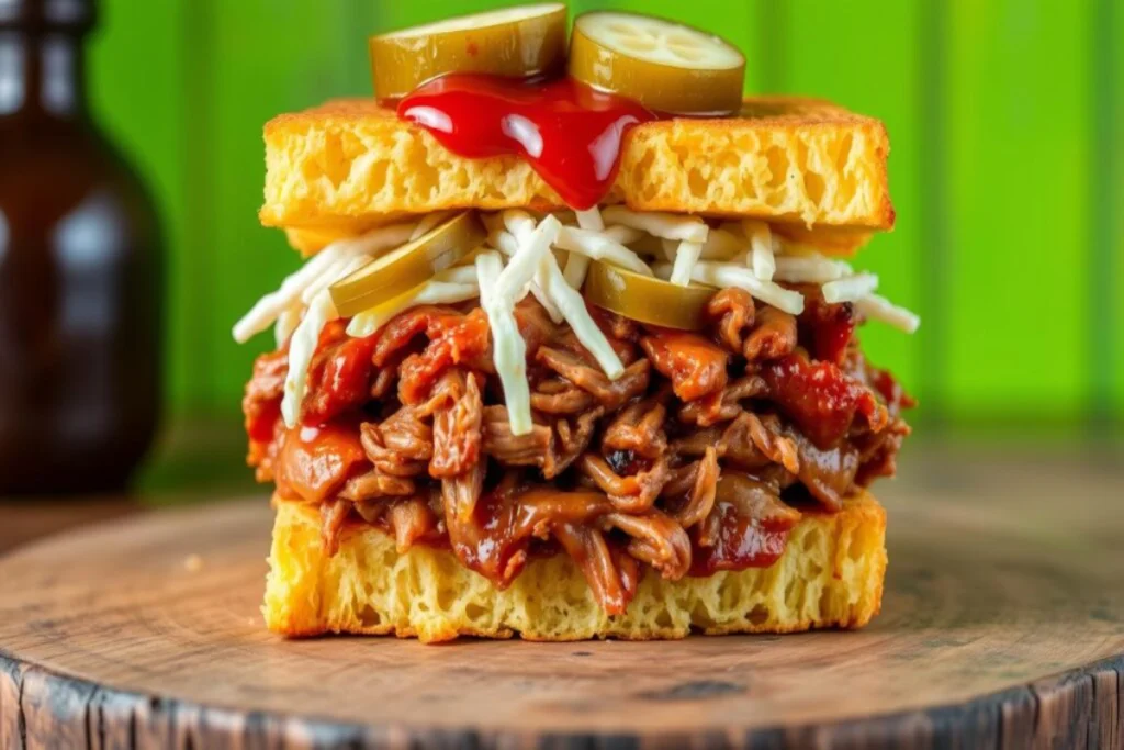A pulled chicken sandwich layered with barbecue sauce, creamy coleslaw, and pickle slices, served between two pieces of golden cornbread on a rustic wooden surface