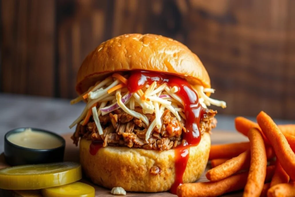 A pulled chicken sandwich topped with barbecue sauce, creamy coleslaw, and served on a toasted bun, accompanied by sweet potato fries, pickles, and dipping sauce on a wooden table