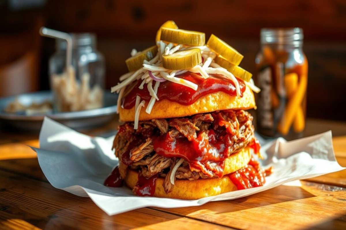 A pulled chicken sandwich served on cornbread buns, topped with barbecue sauce, shredded cheese, pickles, and onions, placed on a wooden table in a rustic setting