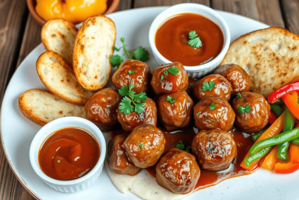 Mississippi Meatballs Serving Suggestions A plate of Mississippi meatballs served with toasted bread slices, colorful sautéed bell peppers, and ramekins of rich tomato-based dipping sauce, garnished with fresh parsley