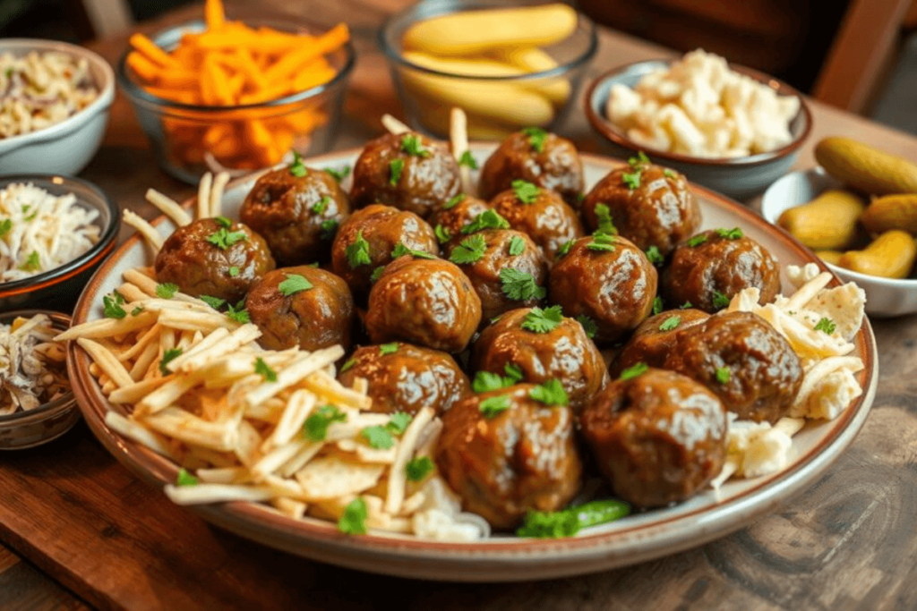 Mississippi Meatballs Side Dishes A platter of Mississippi meatballs garnished with fresh parsley, served alongside crispy potato sticks, coleslaw, pickles, and various sides in small bowls on a wooden table