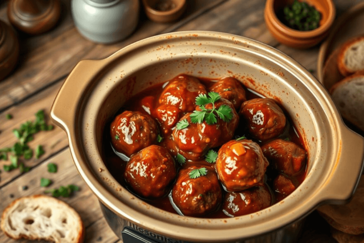A slow cooker filled with tender Mississippi meatballs coated in a rich tomato-based sauce, garnished with fresh parsley, with slices of bread and herbs in the background.