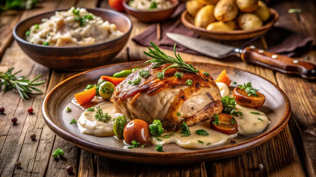 Plated Galena-style chicken served on a rustic dish, paired with creamy sauce, roasted vegetables, and garnished with fresh rosemary and herbs, alongside bowls of mashed potatoes and roasted baby potatoes