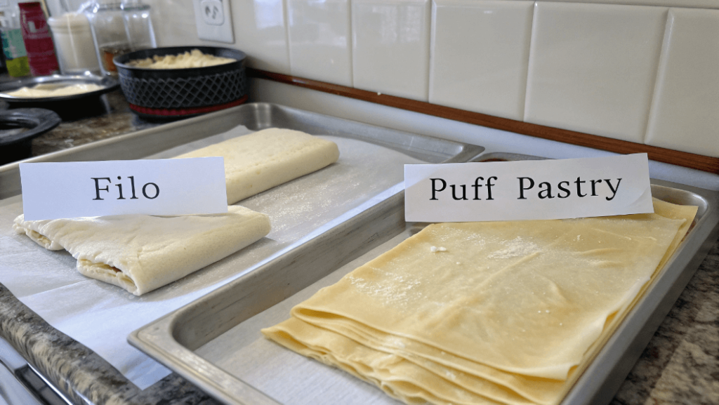 Filo dough vs. puff pastry comparison on a kitchen countertop.